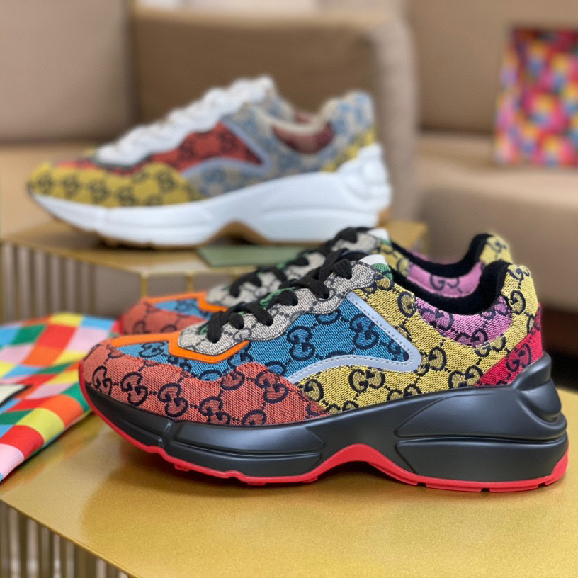 

Newest Rhyton leather sneaker mens designer shoes with Strawberry wave mouth Tiger Web print Luxury Vintage Trainer women Designer Shoes NO319, Color 16