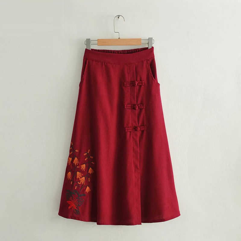 

Folk Style Women A Line Skirt Elastic Waist Vintage Embroidery Cotton Linen Long Skirt Button Design Green Midi Skirt D421 210608, Red