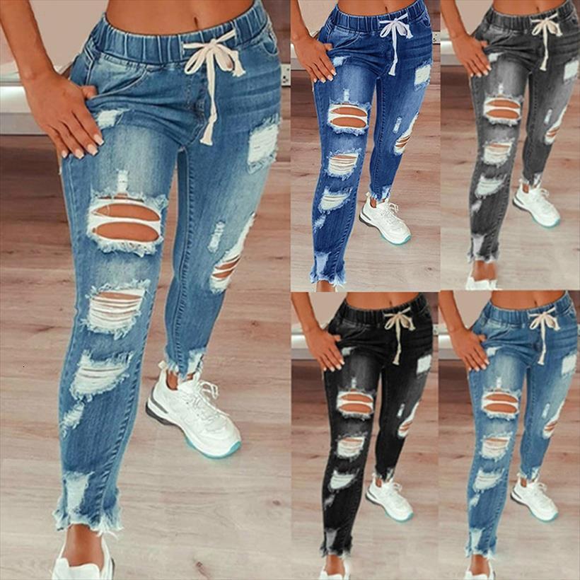 

drawstring denim jeans ripped women pant hole stretch jean plus size full length pencil pants hip hop broken holes, Black;white