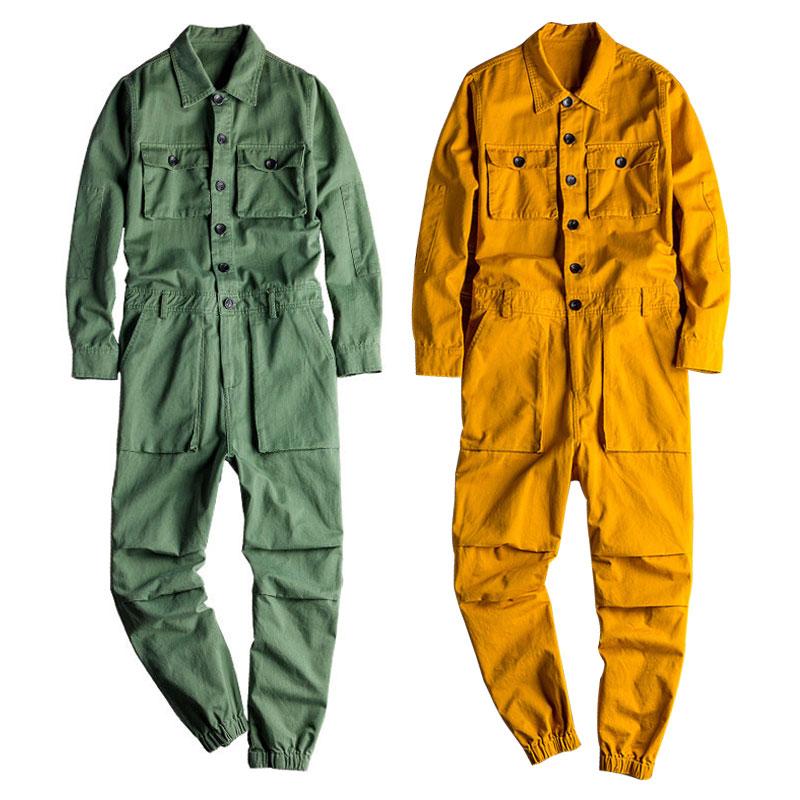 

Autumn Overalls Men's Jumpsuit Loose Long Sleeve Cotton Cargo Pants Green Black Yellow Workwear Trousers Large Size 5XL