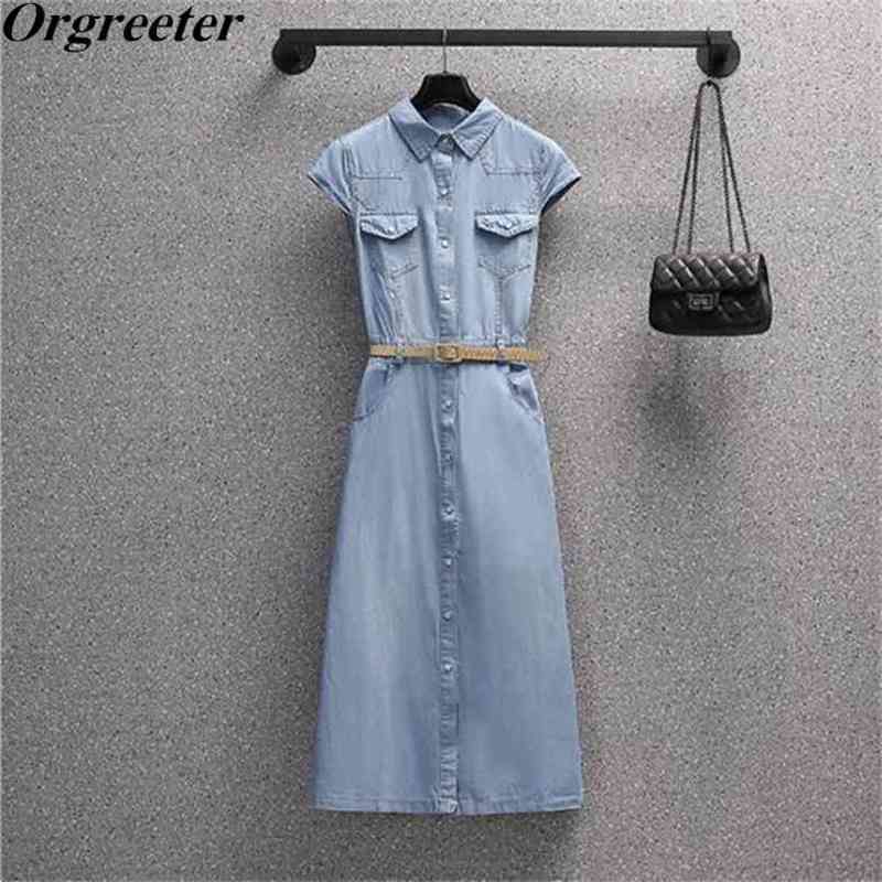 

Korean Style Light blue Denim Dresses Women Summer Lapel Short sleeve Single-breasted With Belt Casual Dress 210602