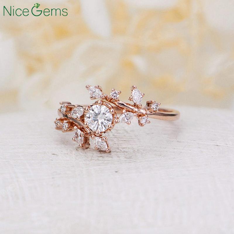 

Cluster Rings NiceGems 14K Rose Gold Vintage Moissanite Engagement Ring Natural Diamond Unique Leaf Wedding Bridal Promise