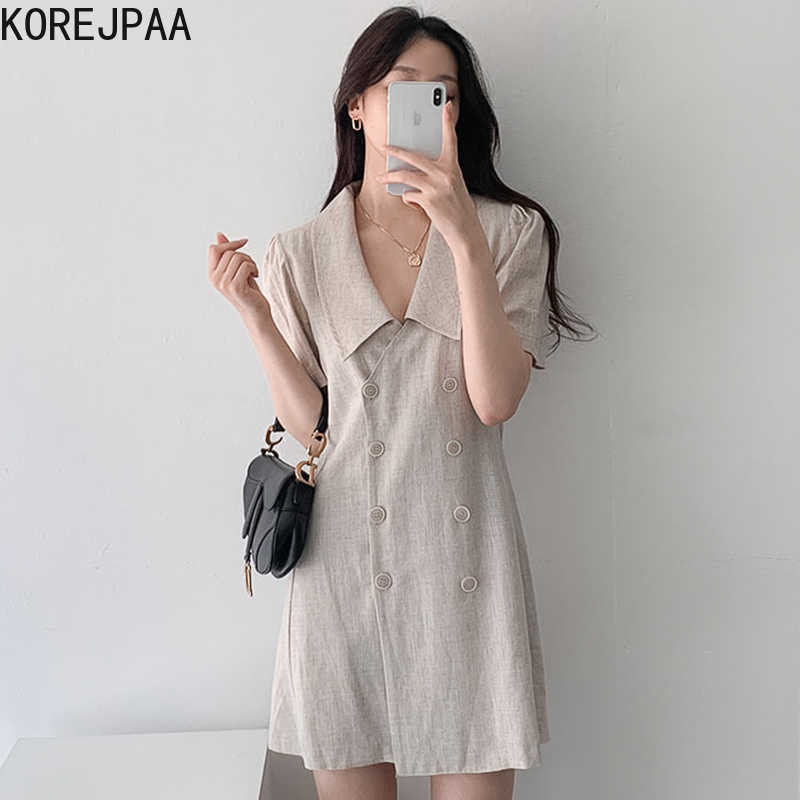 

Korejpaa Women Dress Summer Korean Chic Ladies French Temperament Lapel Double-Breasted Slim Slimming Solid Color Vestidos 210526, Green