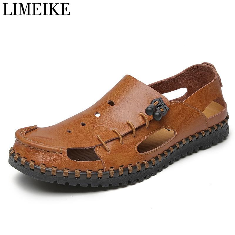 

Sandals Classic Men High Quality Genuine Leather Outdoor Casual Shoes Breathable Beach Plus Size 38-48, Black