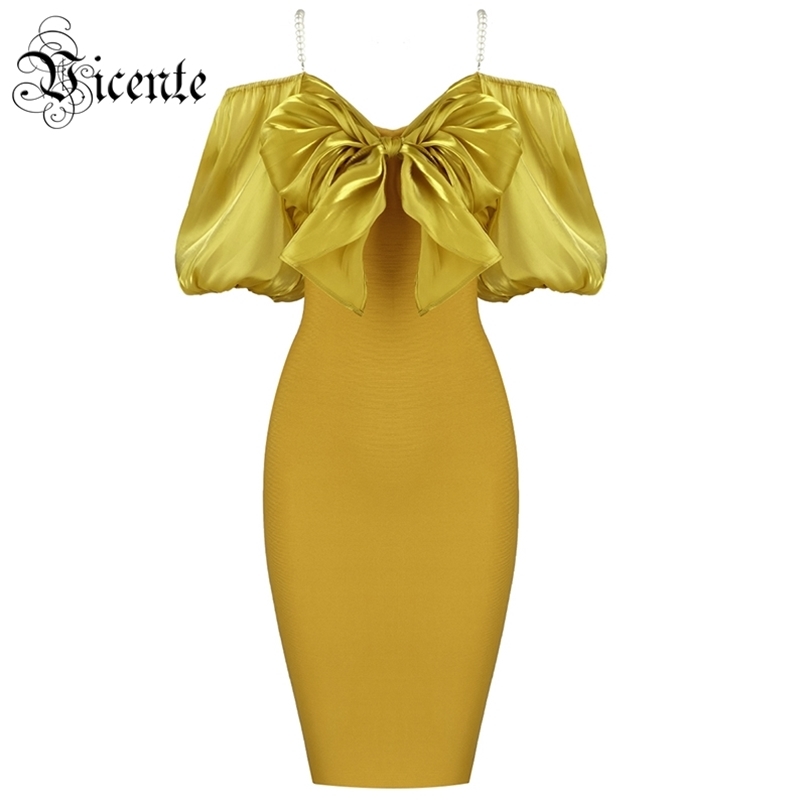 

Trendy Bowknot Design Sexy Off Shoulder Pearl Straps Celebrity Party Club Bandage Mini Dress 210520, Black