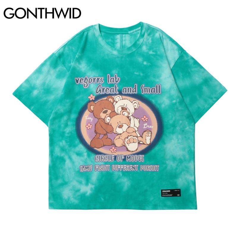 

Tshirts Streetwear Harajuku Cartoon Bears Tie Dye Short Sleeve Tees Shirts Hip Hop Casual Cotton Loose Tops 210602, Pink