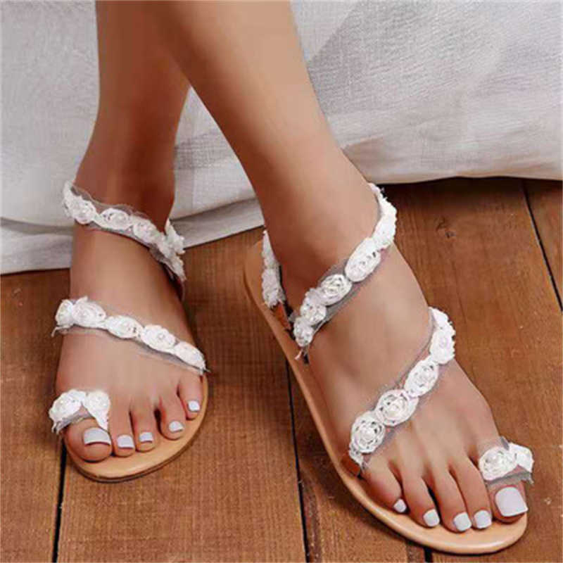 

2021 Ladies Sandals Summer New Style Flowers Casual Ladies Beach Sandals Large Size Comfortable Open-Toed Flat Sandals for Women Y0721, White