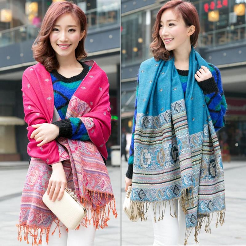 

Scarves Women National Scarf Jacquard Pashmina Long Soft Shawl Ladies Print Head Wraps Foulard Femme Tassel