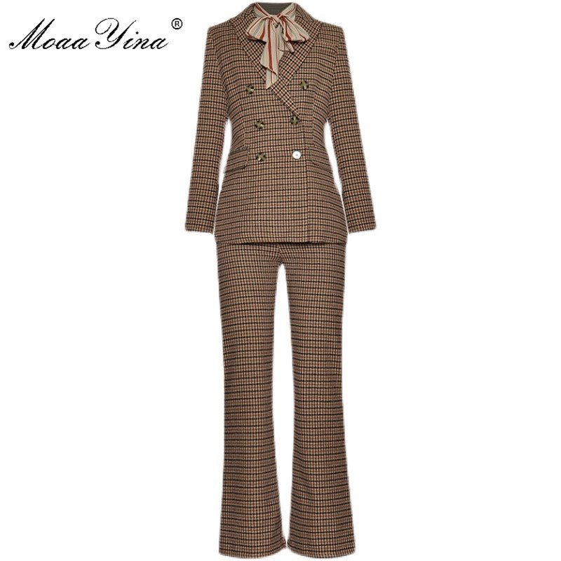 

Fashion Set Spring Women's Blouses+Double breasted Suit Tops+Trousers Houndstooth Three-piece suit 210524, Brown
