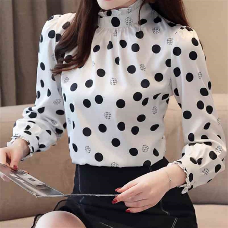 

Plus size Autumn Fashion Women Chiffon Shirts Long Sleeve Polka Dot ruffless Blouses Casual Stand Collar Tops 210518, White