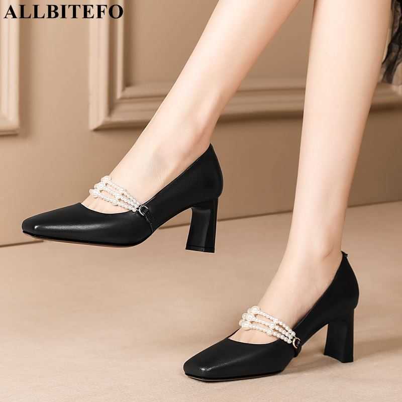 

ALLBITEFO crystal heel genuine leather brand high heels party women shoes sweet Pearl women high heels shoes high heel shoes 210611, As picture