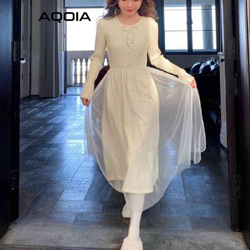 

Spring Lolita Style Mesh Women Dress Kawaii Knit Beading Long Sleeve Cute Empire Solid White Fashion Ladies es 210521