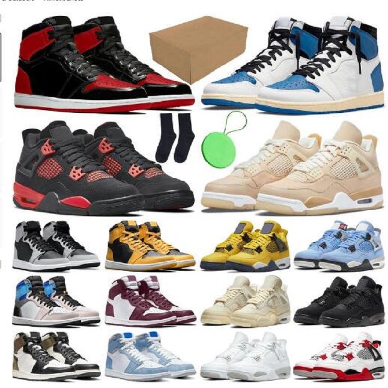 

With Box Red Thunder 1s 4s mens womens basketball shoes 1 4 Cactus Jack Bred Patent Lightning Fragment Bordeaux Shimmer Sail men women trainers sports sneakers, Color 21