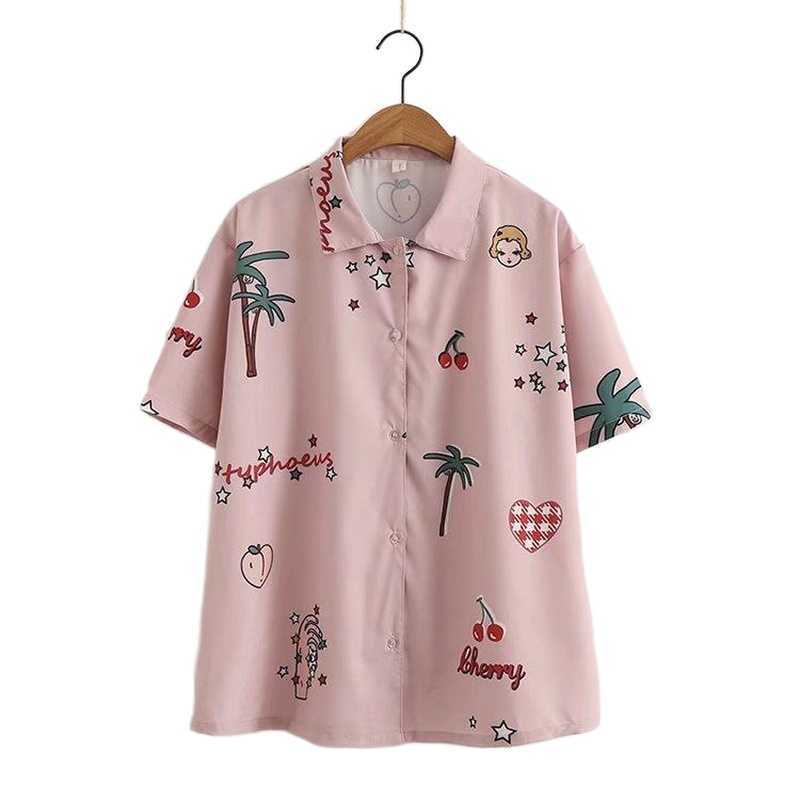 

Pink Chiffon Cartoon Print Graphic Shirts Single Breasted Casual Blouse Women Summer Preppy Style Short Sleeve Ladies Tops 210526