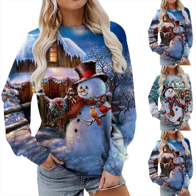 

Casual Christmas Sweater Women O-neck Sweatshirts Long Sleeve Printing Snowman Pullover Christmas Jumper Tops Pull Femme, White;black