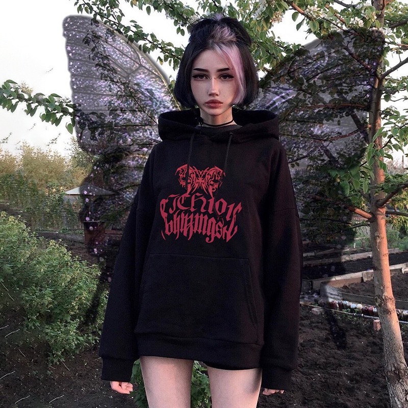 

women's hoodies & sweatshirts letter of printing oversized grunge hoodies female black autumn punk sweatshirts casual sleeve long gothi