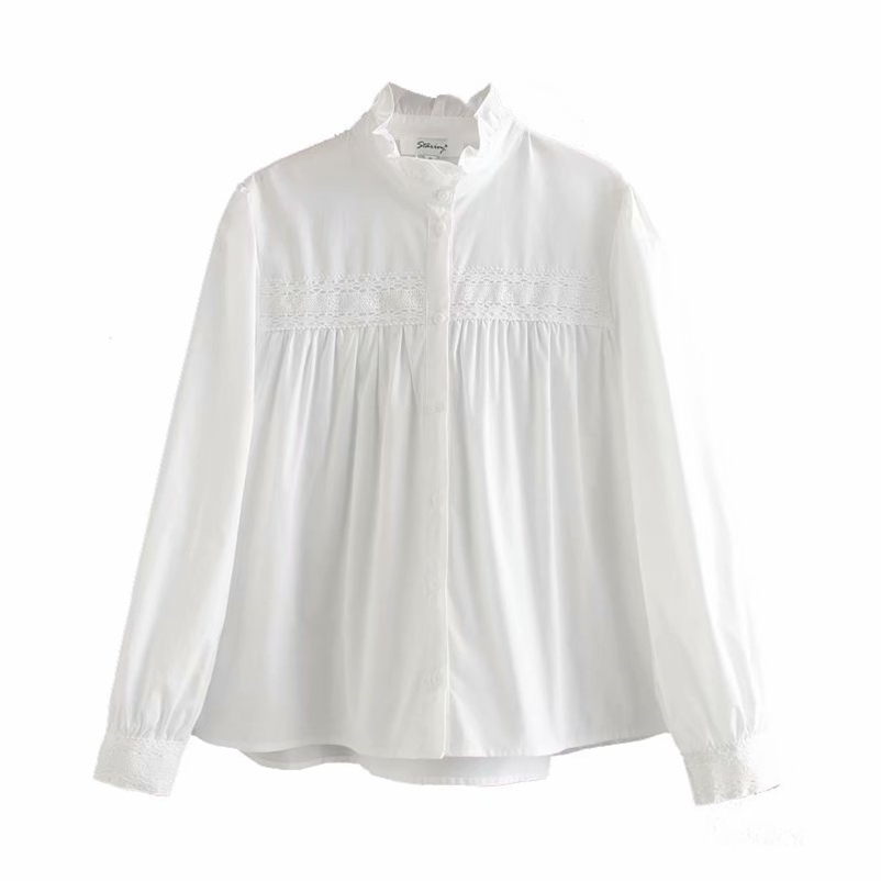 

Lace stand collar shirt with wood ear Office Lady Retro Tops Women Casual Long Sleeve Sexy V-neck Ruffles Blouse Elegant Boho Fl 210524, White