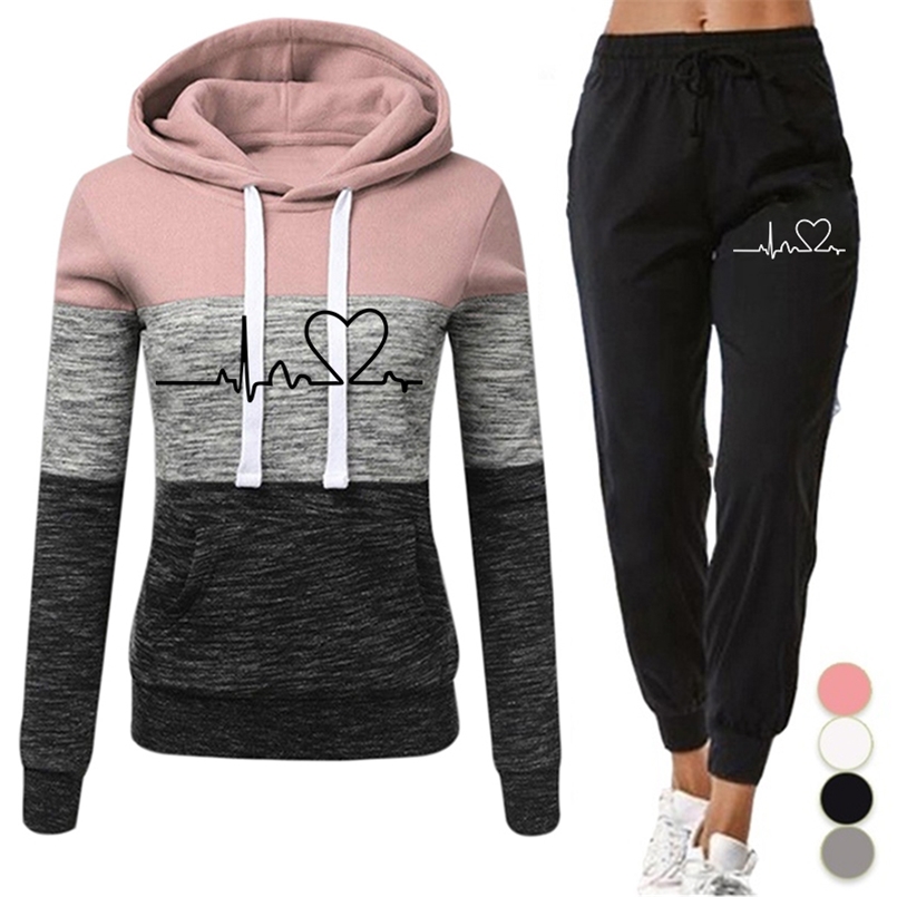

Women Tracksuit 2 Pieces Set Winter Hoodies+Pants Set Patchwork Pullover Sweatshirt Female Sport Suit Outfits for Woman Clothing 211109, Gray no print