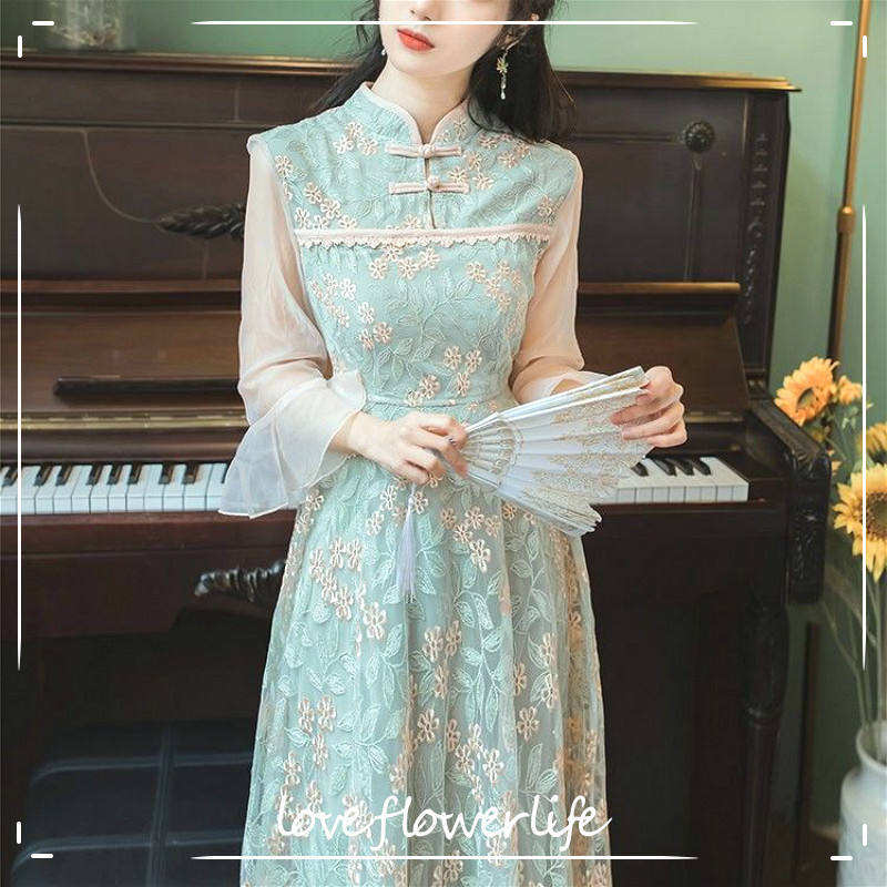 

Elegant Cheongsam Dress Women Lace Patchwork Party Vintage Dress Three Quarter Embroidery French Retro Dress Korean Autumn 210521, Green