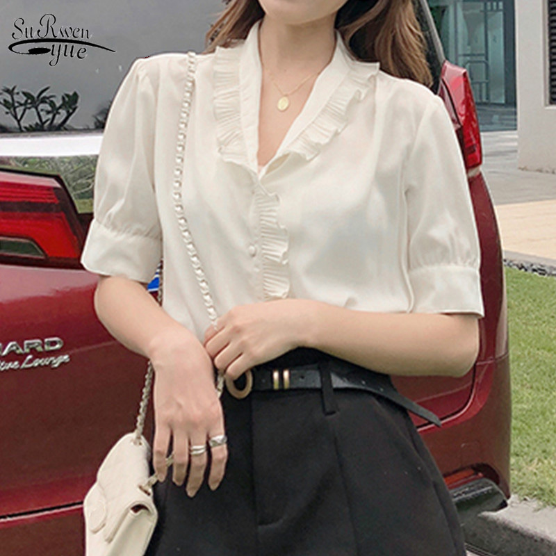 

Vintage Short Sleeve Chiffon Shirts Blusas Mujer De Moda Blouse Women Plus Size Shirt Elegant Clothes 10021 210521, Apricot