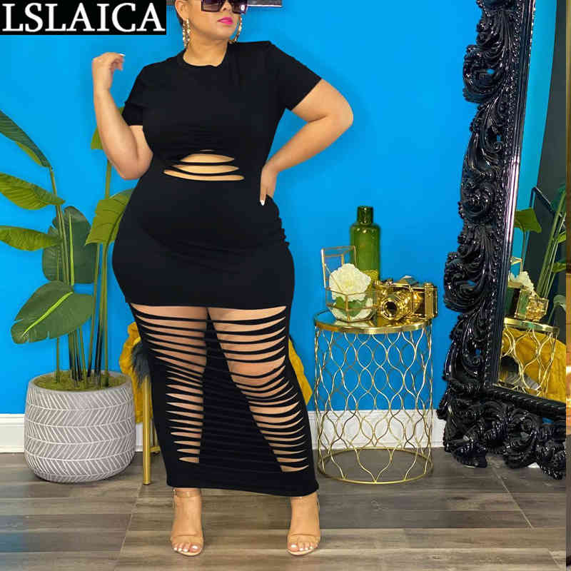 

Wholesale Item Dresses for Women Short Sleeve O Neck Hole Hollo Out Sexy Long Elegant Casual Knitted Party Dress 210520, Black