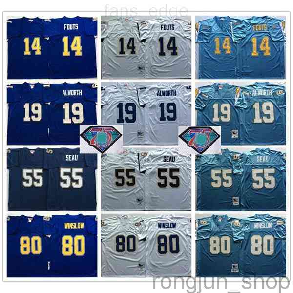 

NCAA Vintage Retro #55 Junior Seau Jersey 14 Dan Fouts 19 Lance Alworth 80 Kellen Winslow Mens Blue White Football Jerseys 75th Patch, As picture