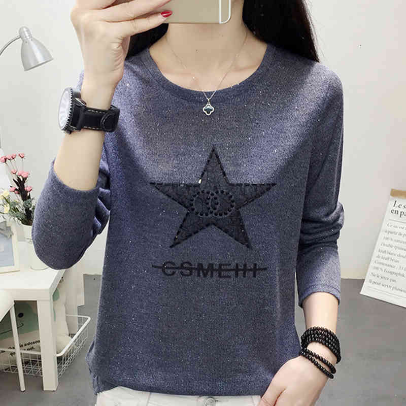 

Women' T-Shirt shintimes Autumn Korean Vogue T Vintage Woman Tshirt Diamonds Letter Print Long Sleeve Loose Casual Tee Femme KS1P, Blue