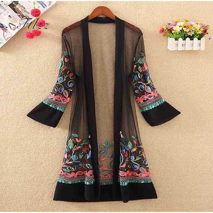 

Women Floral Embroidered Long Jacket Summer Net Cardigan Casual Sleeved Thin Coats Ladies Vintage Beach White Outerwear 210525