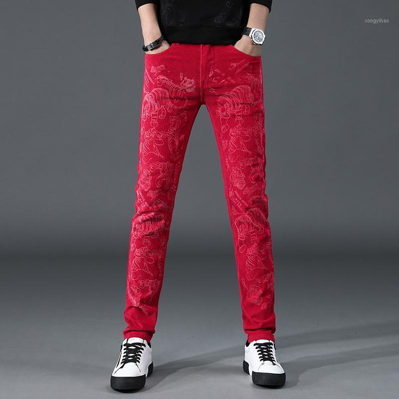 

Men's Pants Autumn Tiger Print Men Corduroy Jeans Slim Skinny Red Printing Fashion Streetwear Hip Hop Male Casual Trousers