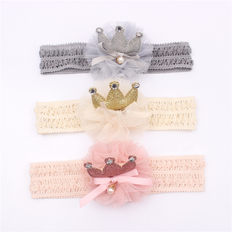 

15763 Europe Sweet Baby Headband Hair Head Band Lace Crown Flower Headwrap Elastic Headbands Children Kids Princess Hairband, Mixed color