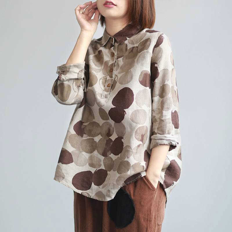 

F&JE Spring Women Shirts Plus Size Long Sleeve Cotton Linen Button Casual Shirts Vintage Polka Dot Print Vintage Blouses P11 210721, Black