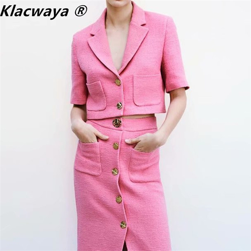 

Klacwaya Women Fashion Blazer Single Breasted Tweed Texture Cropped Suit Coat Vintage Long Sleeve Pockets Chic Outerwear 211019, Skirt