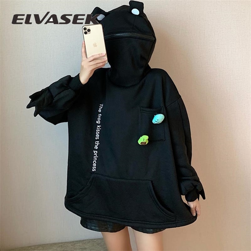 Frog Hoodie Winter Fashion Splice Sweatshirt Women Long Sleeve Pullover Casual Loose Tops Black Plus Velvet Hoodie 210927