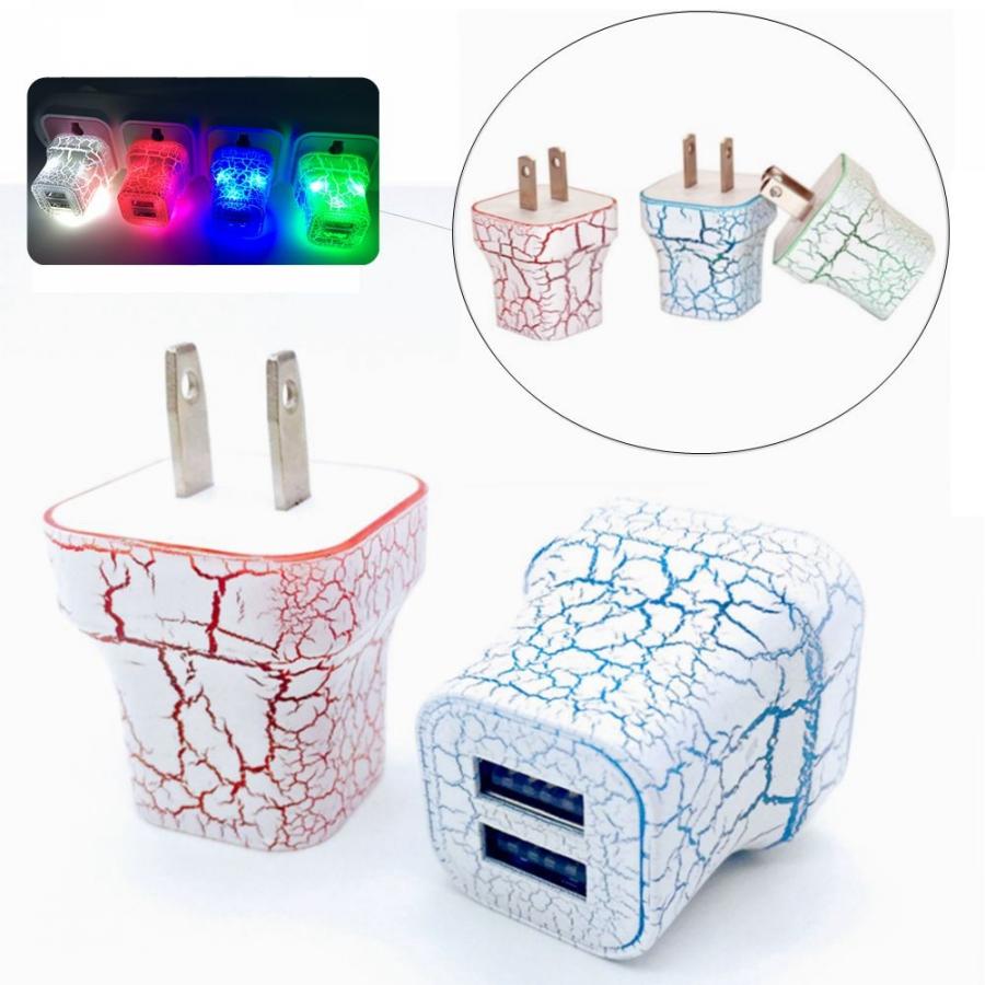 

US Plug LED Dual USB Wall Charger Crack Style Color Glowing Light UP 5V 2.1A Travel Home Fast Charging Power Adapter
