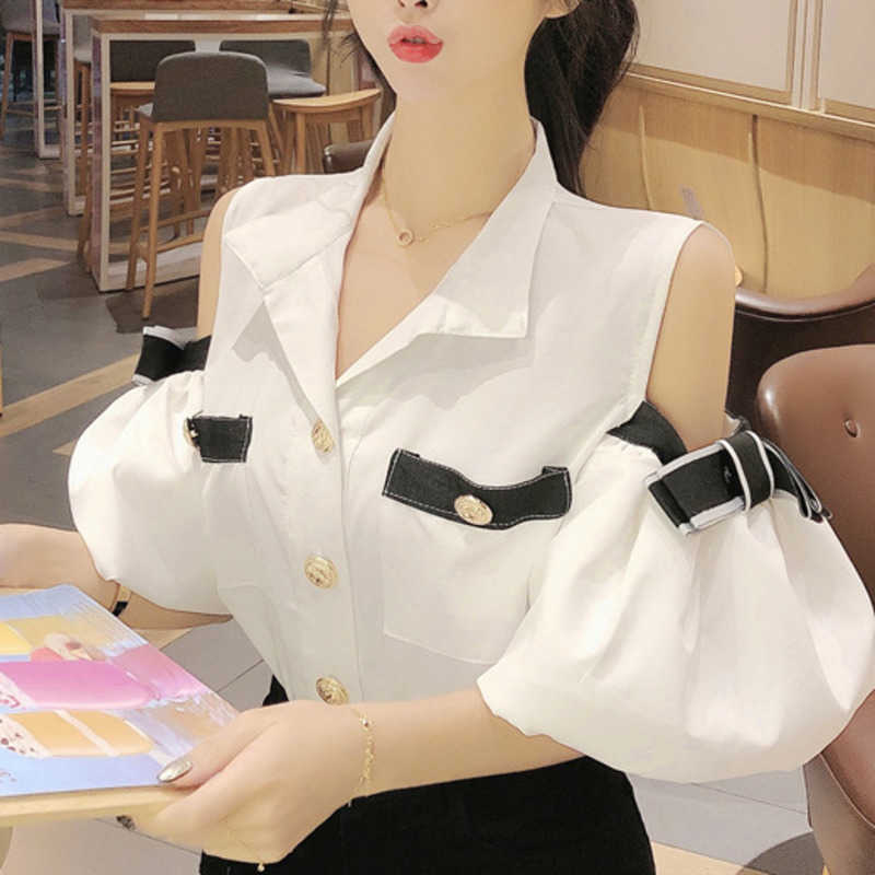 

WOMENGAGA Summer And Button Short Sleeve Off Shoulder Fashion Shirt Loose Top Blouse Casual Tops 7IV8 210603, Black