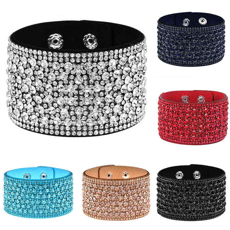 

Louleur Wide Leather Crystal Bracelets & Bangles for Women Girls Handmade Female Charms Cuff Bracelet Wristband Party Jewelry
