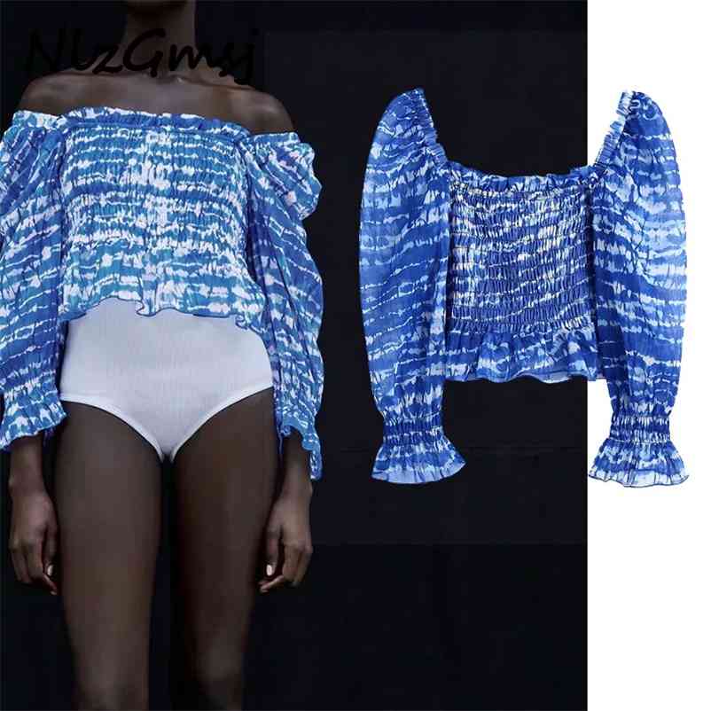 

Blouse Women Ruffle Blouses Woman Summer Chic Puff Sleeve Crop Top Streetwear Elastic Waist Ladies Tops 03 210628, As picture