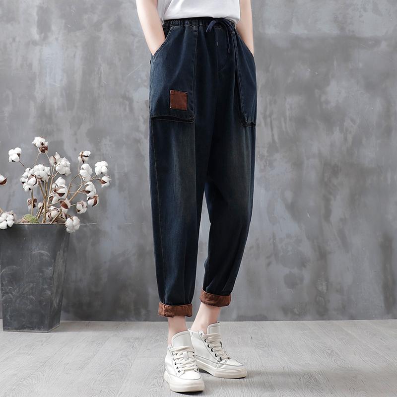 

Women's Jeans Feather Embroidered Homemade Retro Artistic Stitching Hemmed Figure Flattering Large Pocket Autumn Cropped, Blue