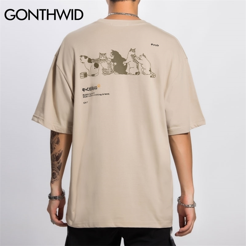 

GONTHWID Harajuku Funny Japanese Rubbing Bath Cats Print Short Sleeve T-Shirts Hip Hop Casual Streetwear Tees Men T Shirts 210323, 201748k