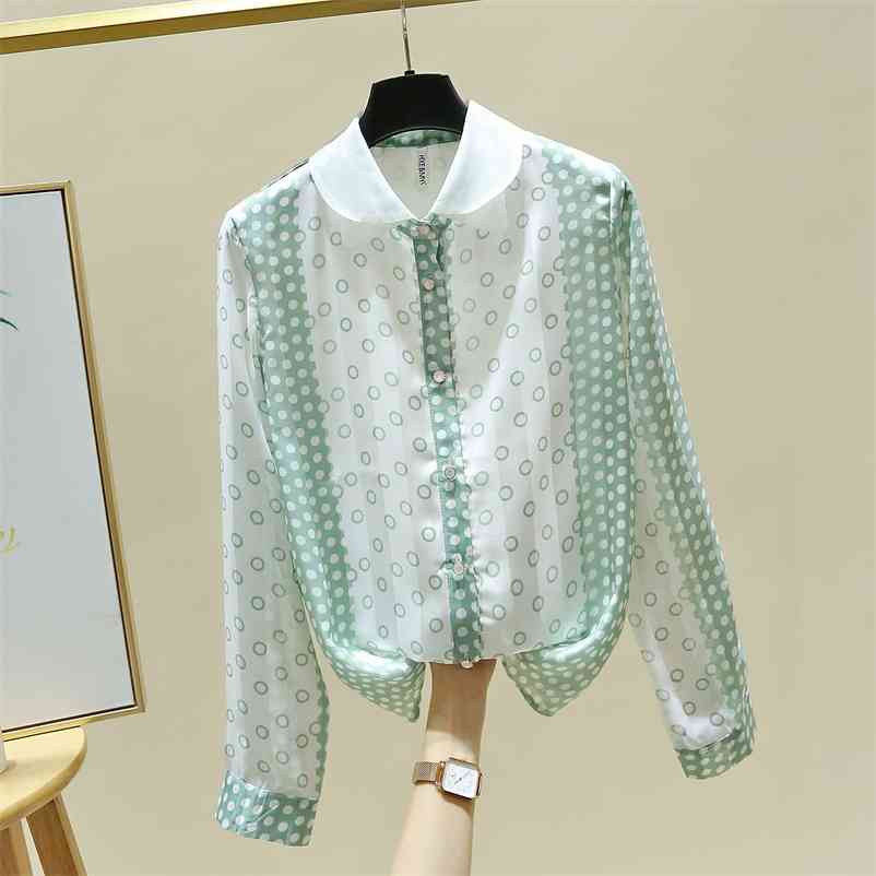 

Autumn Korean Style Women's Doll Collar Long Sleeves Dot Chiffon Shirt Female Blouse Office Ladies Shirts A4427 210519, Beige