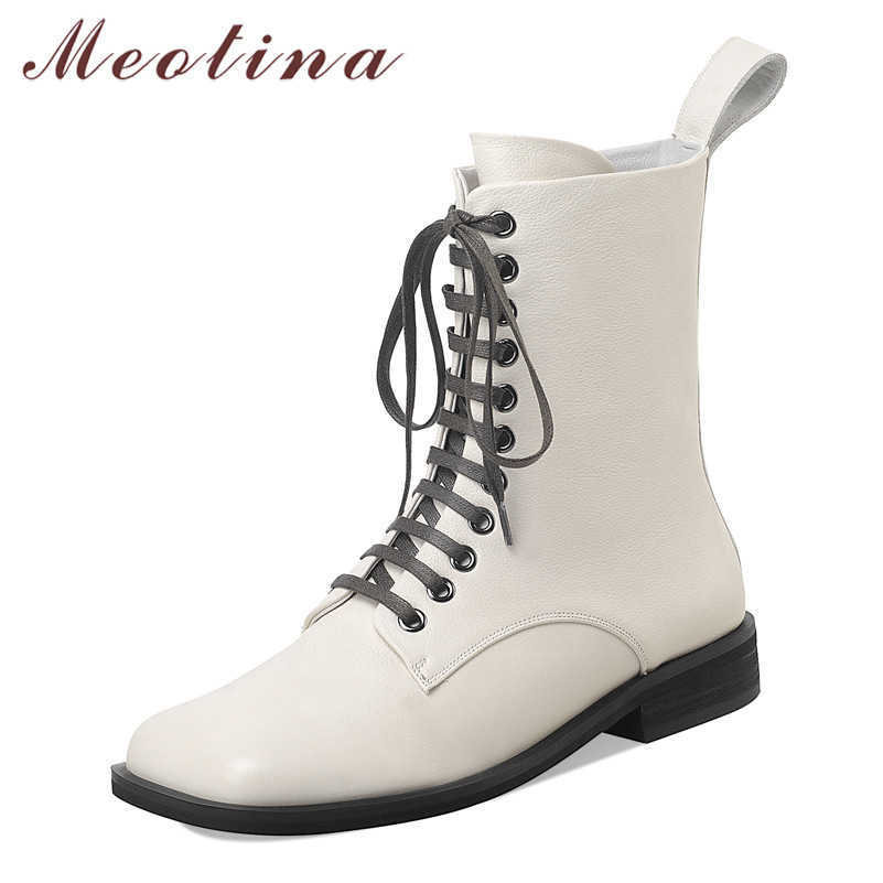 

Meotina Women Ankle Boots Shoes Real Leather Low Heel Female Boots Zip Lace Up Square Toe Chunky Heels Short Boots Autumn Winter 210608, Black synthetic lin