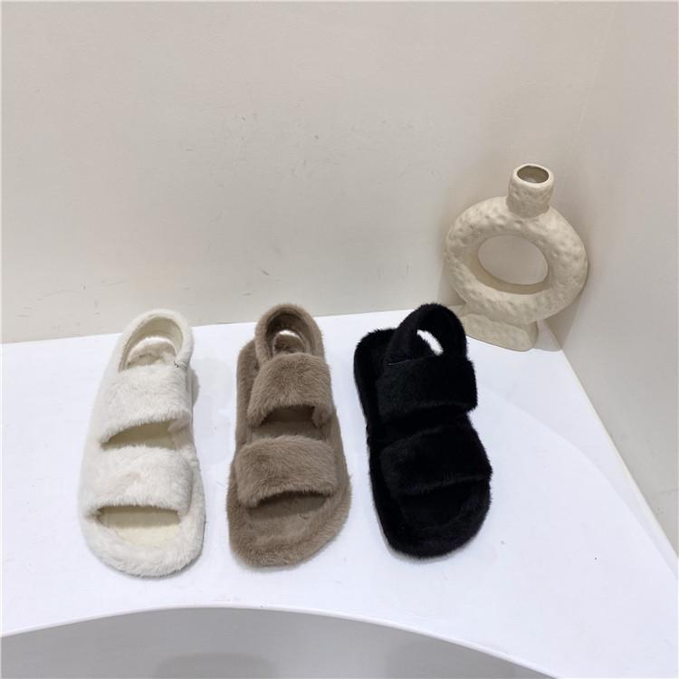 

Comfort Shoes For Women Open Toe 2021 Sandals Suit Female Beige All-Match Fur Heels Peep Black Low Flat Velvet Fashion