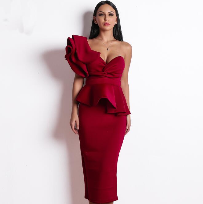 

CHICEVER Summer Two Piece Set Sexy Off Shoulder Petal Sleeve Ruffles T Shirts Top Female High Waist Bodycon Midi Skirt For Women, Red dress