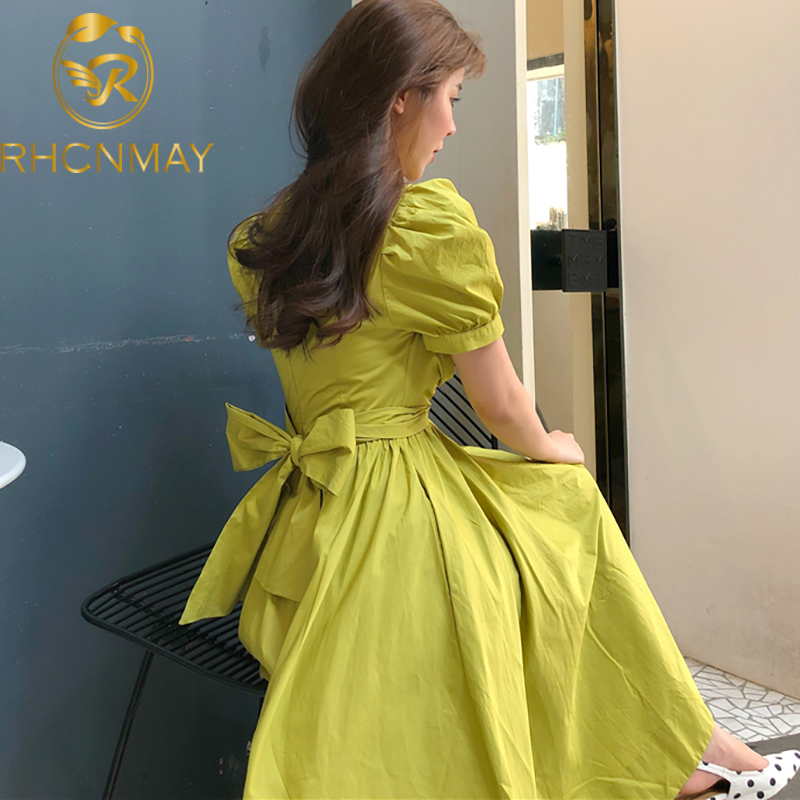 

New Fashions Women Puff Sleeve Irregular Vintage Dress Summer Dresses Party Dress Bandage Bow High Waist Formal Midi Dressesswimwear Bathing, Black