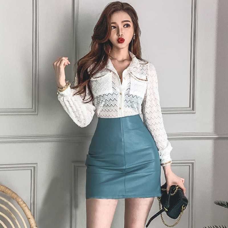 

Fashion Vintage Elegant women Lace Perspective Turn-Down Shirt Tops and PU leather pencil skirt office simple Two piece Set 210526, Photo color