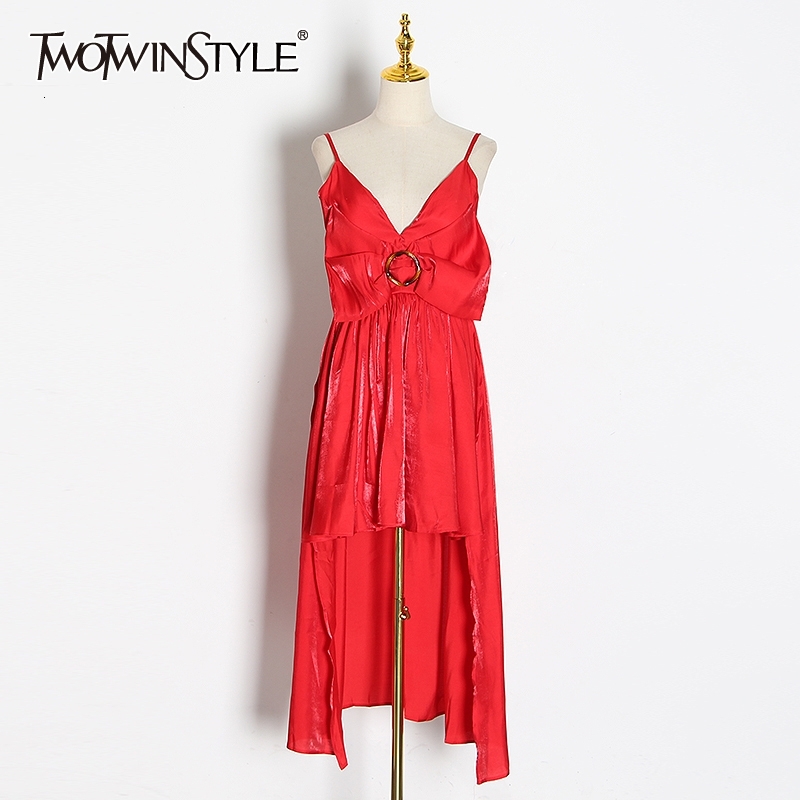 

TWOTWINSTYLE Red Vintage Patchwork Bowknot Dresses Female Spaghetti Strap High Waist Asymmetrical Dress Women Fashion 210517, Black