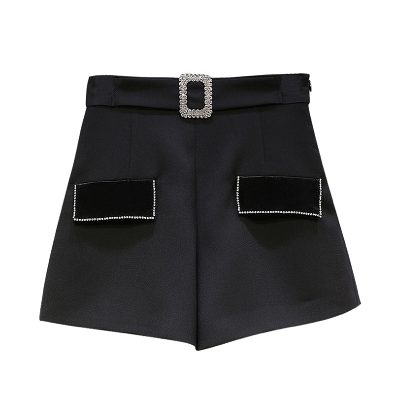 

Spring Arrivals Black Solid Color High Waist Velvet Splicing Slim Wide Leg Shorts MZ539 210525