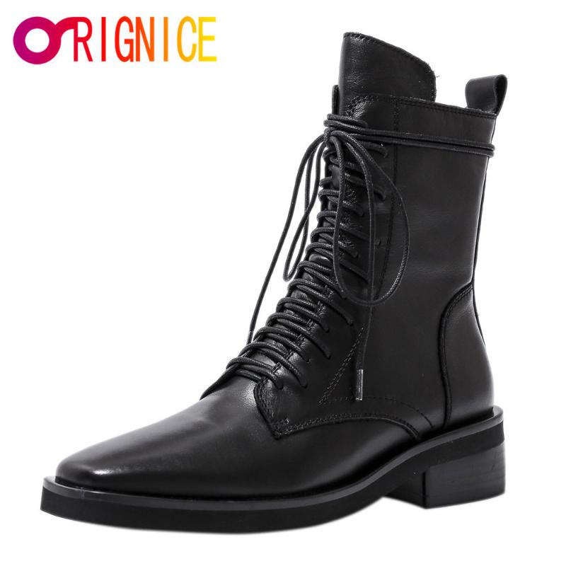 

Boots Orignice Fashion Women Retro British Ankle Genuine Leather Cross Tied Thick Heels Square Toe Party Working Shoes, Black