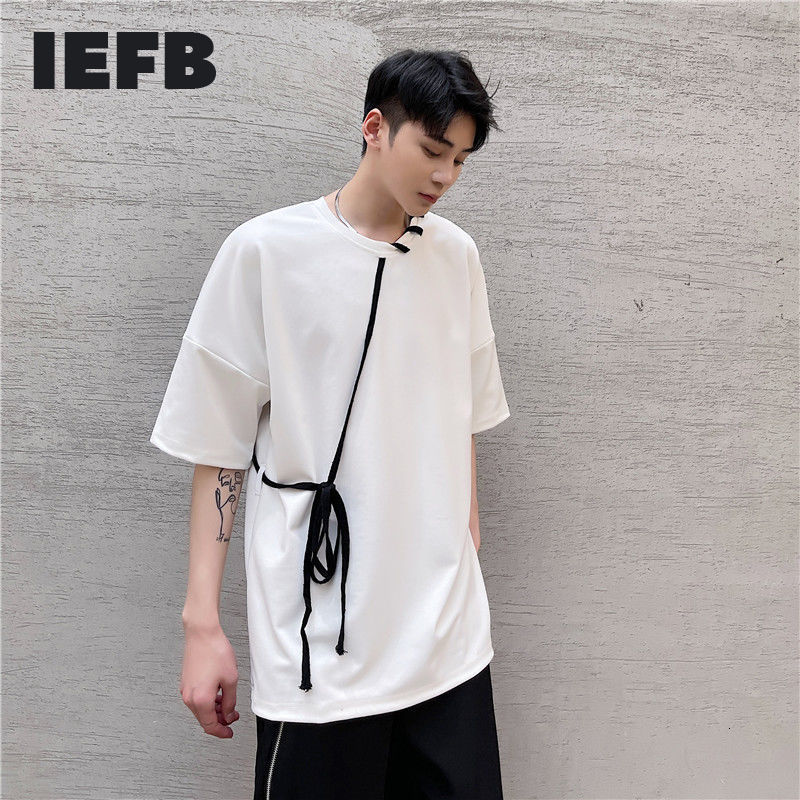

IEFB Drawstring Decoration Ice Silk Short-sleeved Black Men's T-shirt Summer Fashion Simple Design Round Collar Tee 9Y7014 210524, White