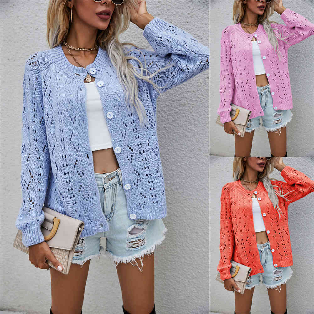 2021 Automne Nouveau bouton Cardigan Bouton Creusé Swolled Out Sortie de couleur Solide de grande taille personnalisée